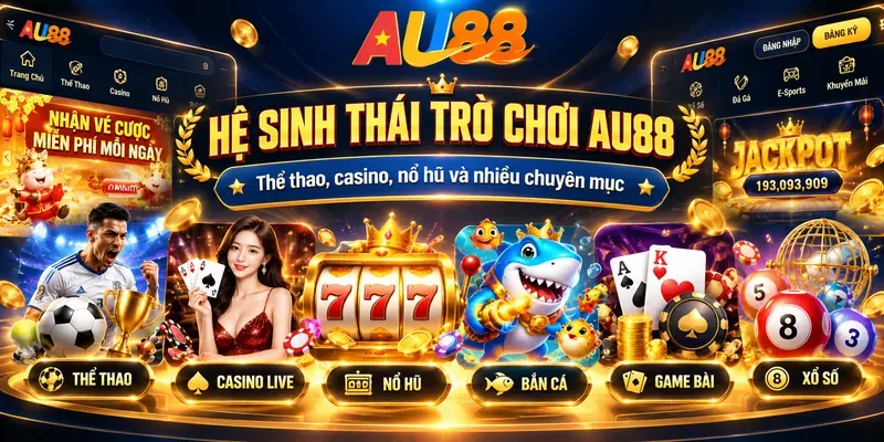 Hệ sinh thái trò chơi AU88 gồm thể thao casino nổ hũ và bắn cá